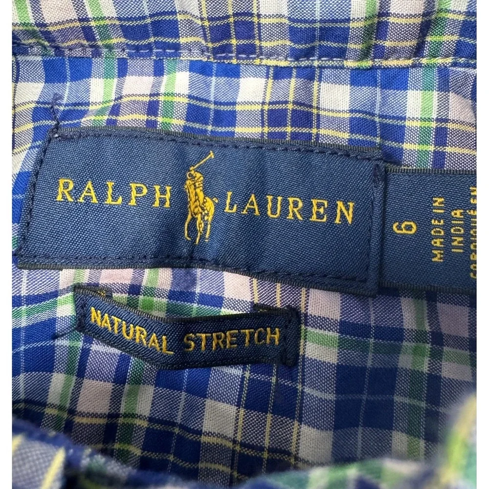 Ralph Lauren‎ Boys Natural Stretch Short Sleeve Button Down Shirt Plaid Pony 6